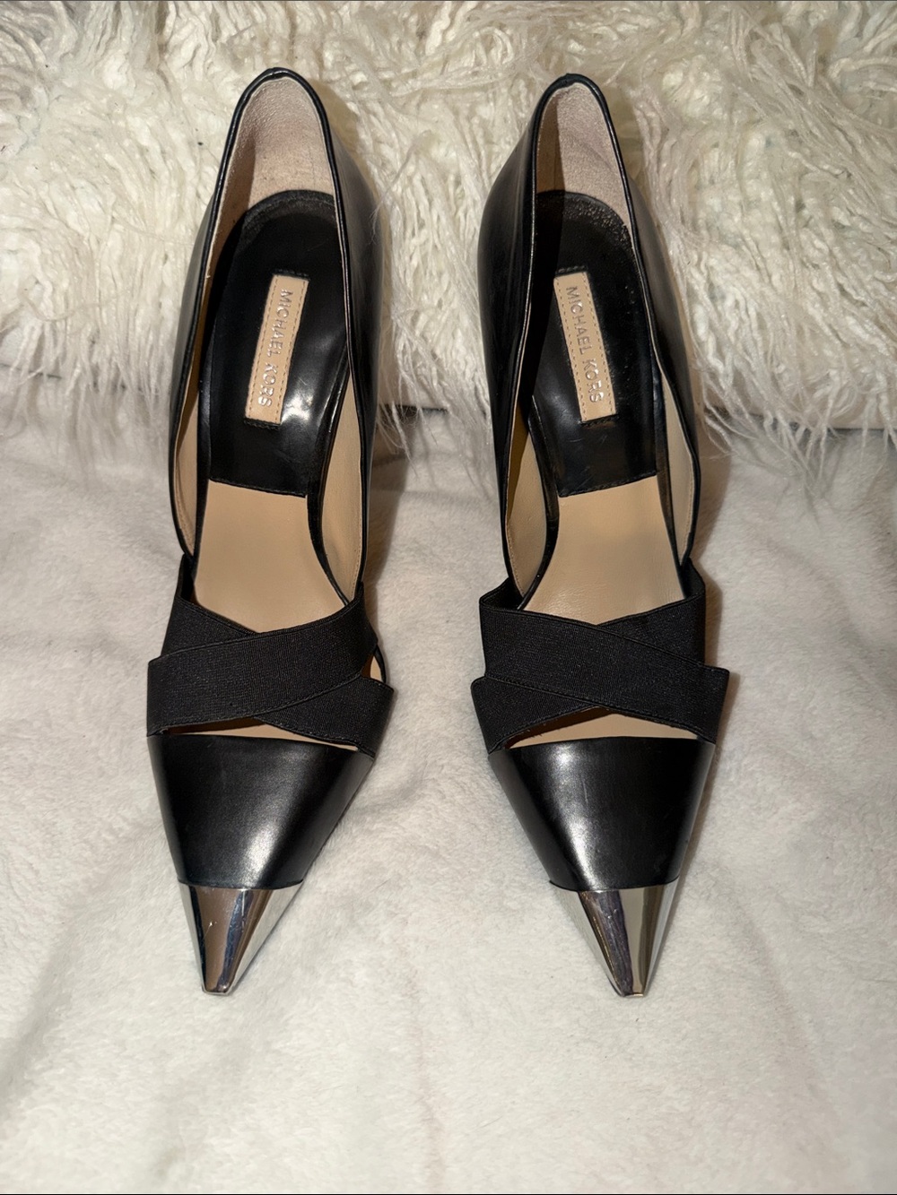 Michael Kors Collection Black Pointed Toe Pumps with Silver Metal Caps